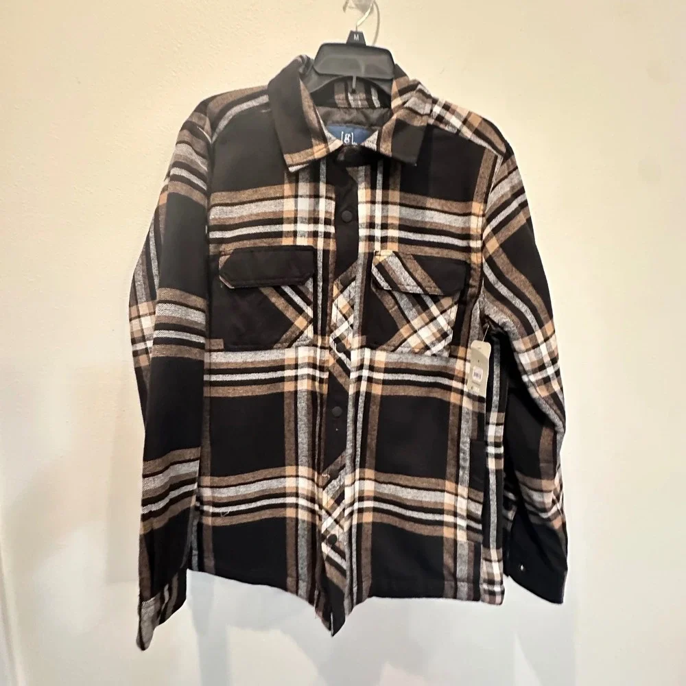 George Mens Black Ivory Plaid Quilted Lined Flannel‎ Shirt Jacket Shacket S NEW